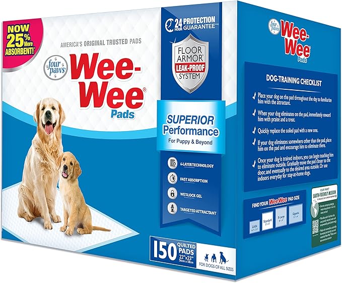 Four Paws Wee-Wee Superior Performance Unscented Pee Pads for Dogs & Puppies, Quilted Leak-Proof Dog Housebreaking Potty Training Floor Protection, 22" x 23", 14 Count