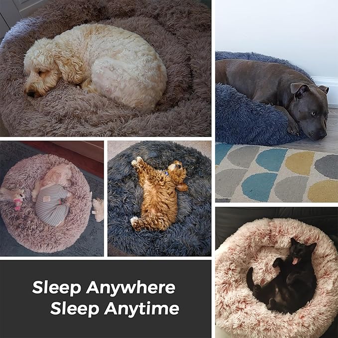Calming Dog Bed & Cat Bed with Anti-Slip Bottom, Medium Size Washable Anti-Anxiety Donut Dog Beds for Small Dogs & Cats, Fluffy Plush Cozy Round Dogs Bed(24 Inch, Dark Brown)