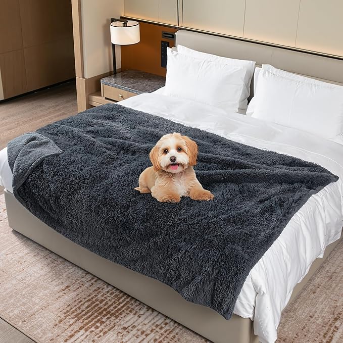 Calming Cat Blanket for Bed 85x57in Couch Sofa Cover Grey Waterproof Dog Blankets for Large Dogs Washable Long Faux Fur Pet Throw Blanket for Puppy Reversible Furniture Protector, (Gray XL)