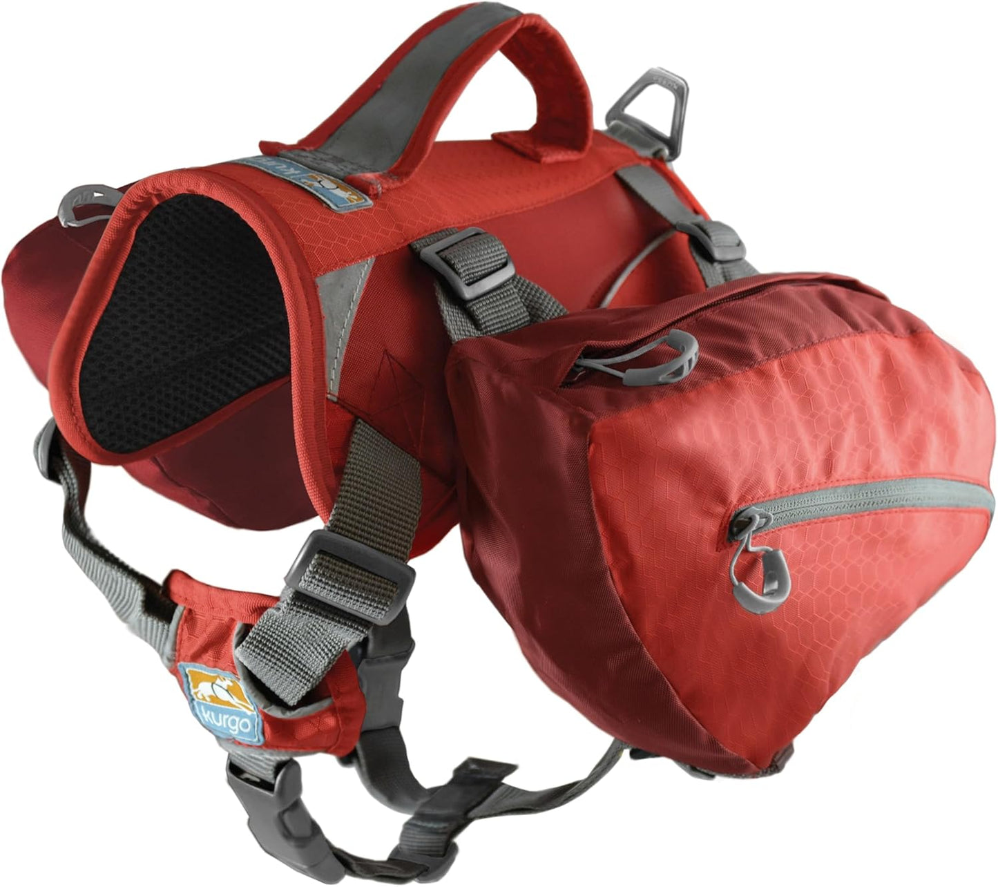 Kurgo Big Baxter Dog Backpack, Dog Saddlebag, Dog Pack, Adjustable Saddlebag for Hiking, Walking, Running, Camping, Chili Red/Barn Red