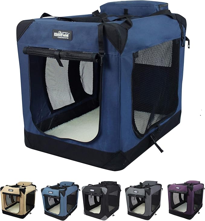 EliteField 3-Door Folding Soft Dog Crate with Carrying Bag and Fleece Bed (2 Year Warranty), Indoor & Outdoor Pet Home (20" L x 14" W x 14" H, Navy Blue)