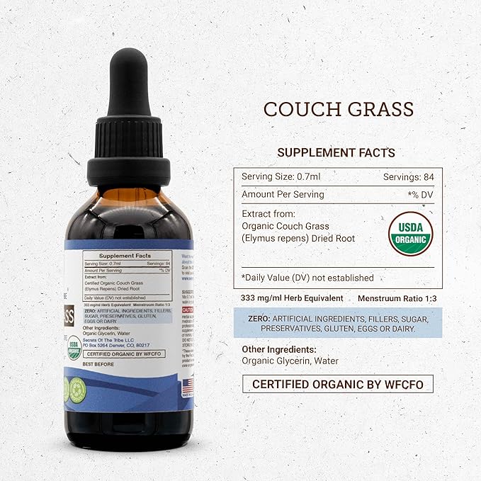 Secrets of the Tribe Couch Grass USDA Organic | Alcohol-Free Extract, High-Potency Herbal Drops | Made from 100% Certified Organic Couch Grass (Elymus repens) Dried Root (2 oz)