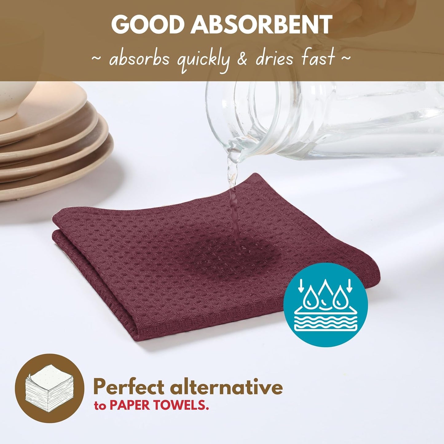 Native Fab Cotton Kitchen Towel with Hanging Loop 16x26 inches, 6-Pack, Waffle Weave Kitchen Towels for Cleaning Drying, Washcloths Soft & Absorbent Cloth Rags, Bar Towel, Dish Cloth, Burgundy Wine