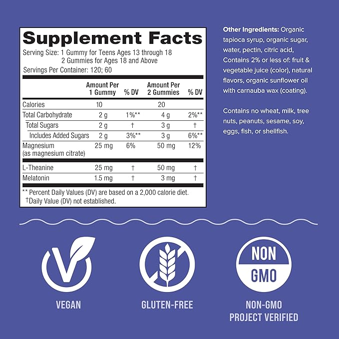 Natural Vitality SLEEP Gummies, Magnesium Supplement With Melatonin and L-Theanine, Vegan, Gluten Free, Helps the Body Ease Into Sleep, Blueberry Pomegranate 120 Count