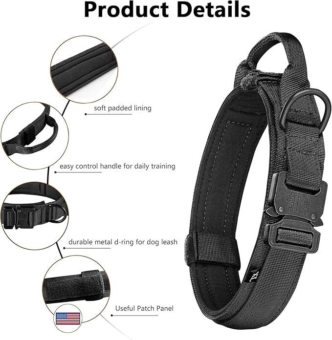 DAGANXI Tactical Dog Collar, Adjustable Military Training Nylon Dog Collar with Control Handle and Heavy Metal Buckle for Medium and Large Dogs, with Patches and Airtags Case (XXL, Black-Set)