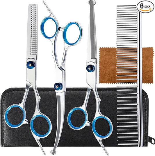 5 in 1 Premium Dog Grooming Scissors, Professional Dog Scissors for Grooming with Safety Round Tips, Lengnoyp Stainless Steel Thinning Shears, Pet Cat Shears for Grooming Kit