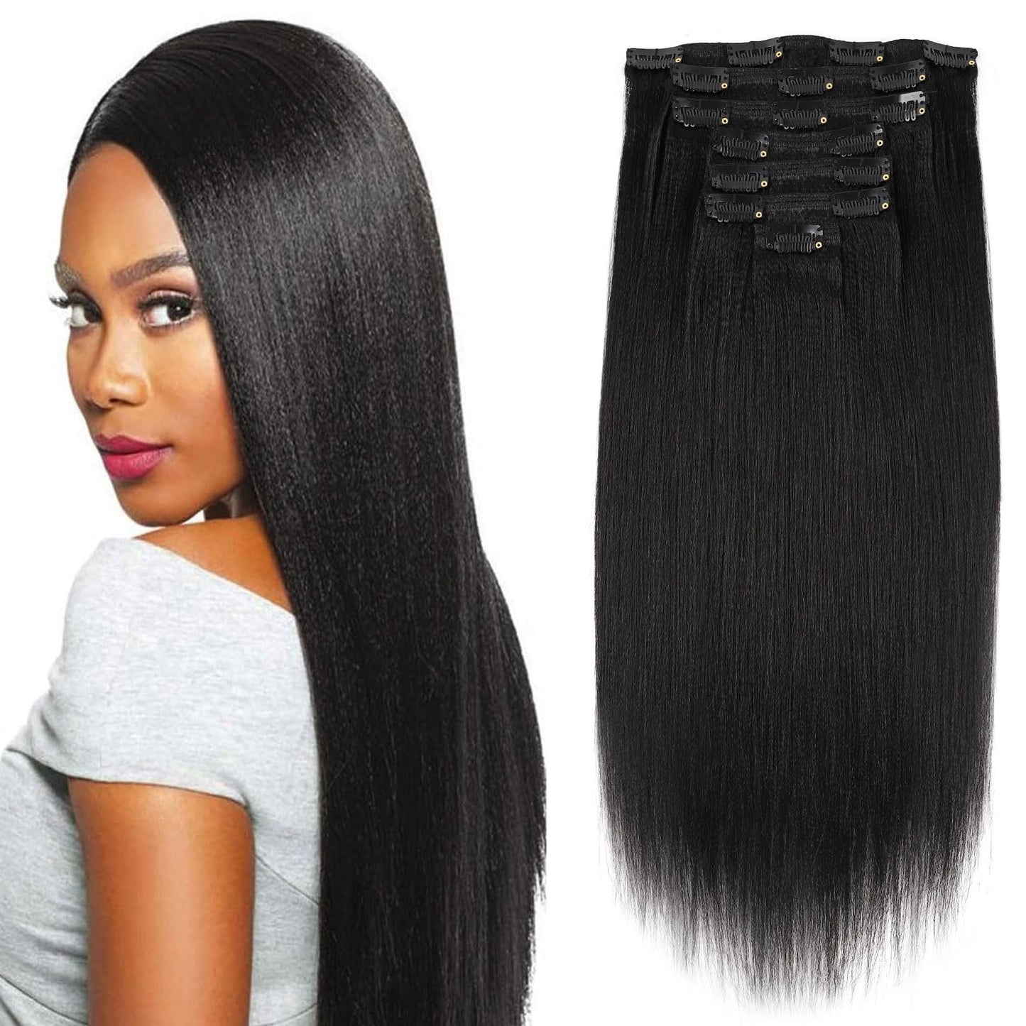 Sassina Clip In Human Hair Extensions Yaki Straight Style Natural Color Double Weft Clip In Extensions Human Hair For Black Wome