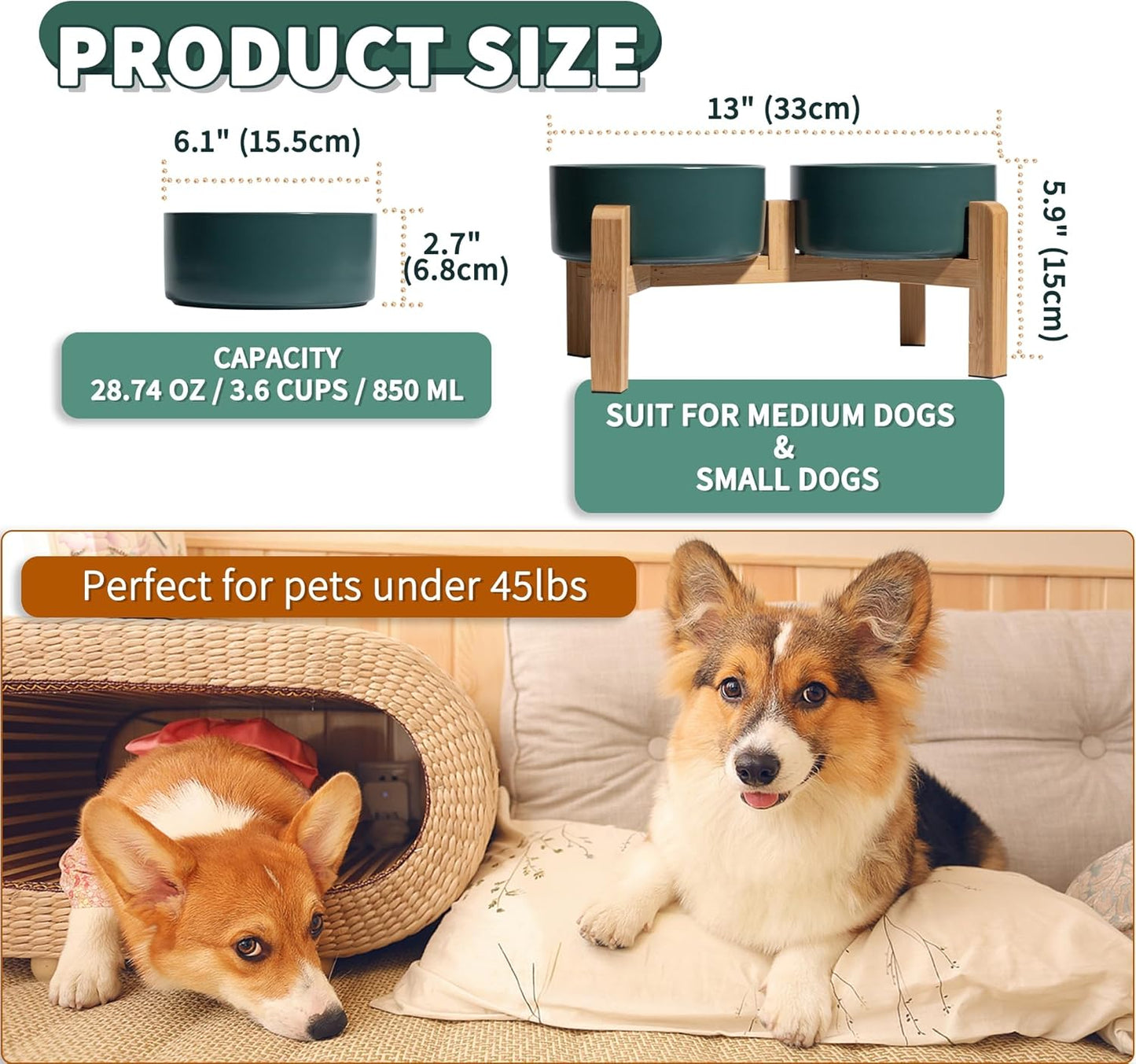 Elevated Ceramic Dog Bowl Set - Raised Dog Bowls with Non-Slip Bamboo Stand - Dog Food and Water Bowl Set - Double Dog Feeding Bowls - Suitable for Small and Medium Dogs - 28.74 OZ - 3.6 CUPS - 850 ML