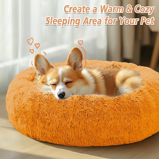 JOLLYVOGUE Calming Dog & Cat Bed for Large Dogs, Anti-Anxiety Donut Cuddler Cozy Soft Round Bed with Anti-Slip Bottom, Fluffy Faux Fur Plush Cushion Beds for Medium Dogs (36")