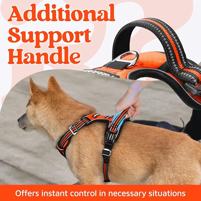 rabbitgoo Dog Harness for Large Dogs, No Pull Pet Vest with 3 Buckles, Adjustable Soft Padded Pet Harness with Easy Control Handle and Reflective Strips, Orange, XL