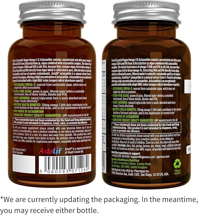 Vegan Omega-3 + Calcium & Magnesium Complex Vegan Bundle, Sustainable EPA & DHA Algae Oil 1340mg + 2:1 Plant Based Algae Mineral Complex, by Igennus