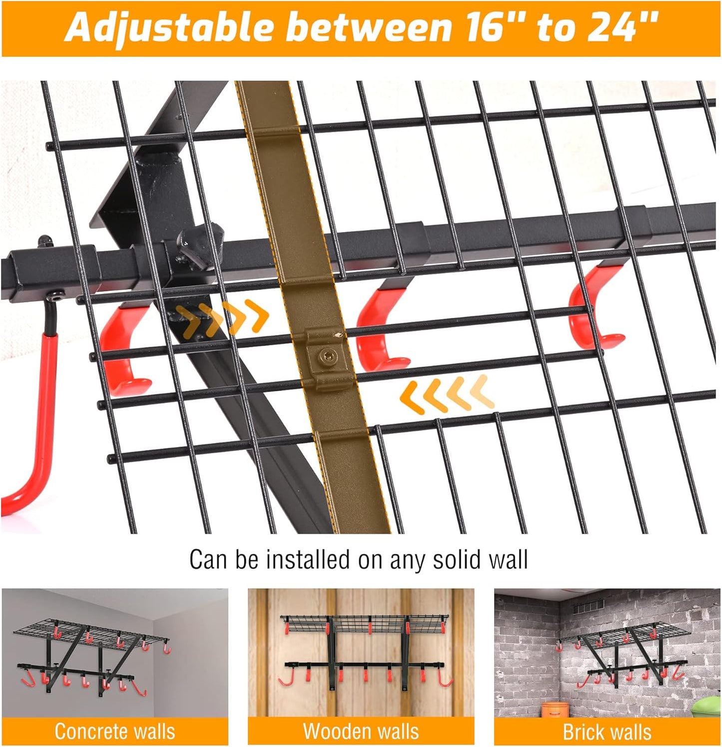 PLKOW Garage Wall Shelving 4-Pack Includes Bike Hooks, Sturdy Adjustable Garage Shelving Wall Mount Garage Wall Organizer (Black, 4-Pack)