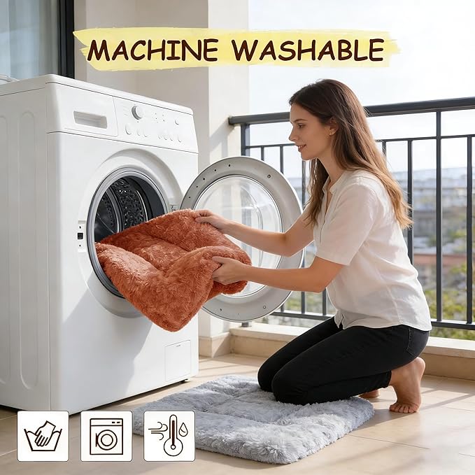 Washable Dog Bed for Small to Large Dogs, Calming Anti Anxiety Medium Dog Bed, Deluxe Plush Faux Fur Crate Beds, Comfy Fluffy Kennel Pad Pet Sleeping Mat with Non-Slip Bottom, 35"x22", Brown
