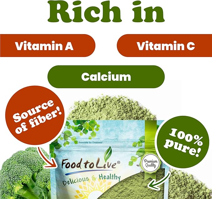 Food to Live Broccoli Powder, 8 Ounces – Nutrient-Rich Green Superfood for Smoothies, Shakes and Cooking, High in Fiber, Vitamins and Antioxidants, Vegan, Kosher, Bulk