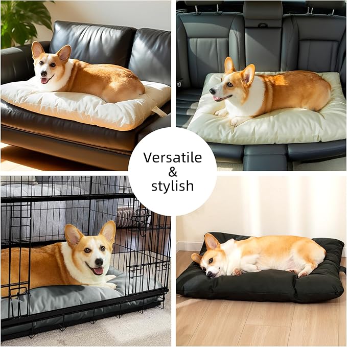 Chew Resistant Dog Bed for Small Dogs - Durable 23"x17" Kennel Pad with Soft Plush Filling, Machine Washable Crate Mat for Aggressive Chewers, Indoor Outdoor Pet Bed, Beige