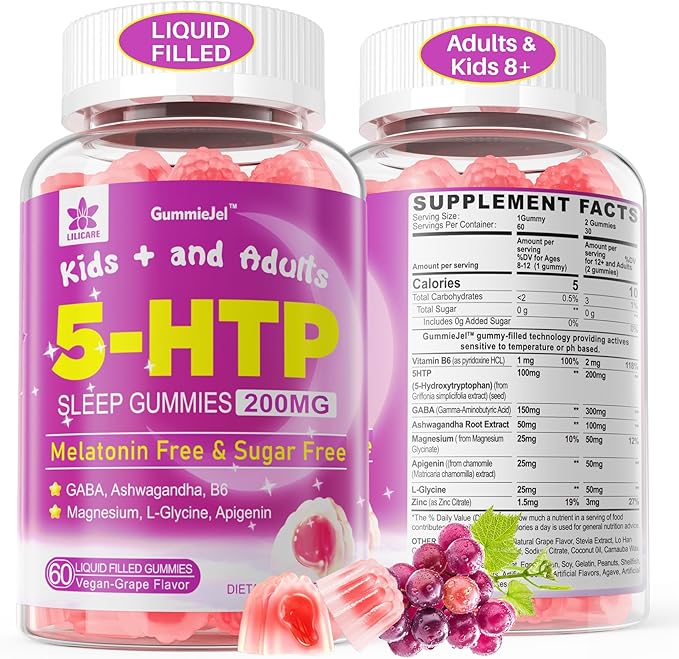 Ginger Chews Supplement Gummies for Nausea, Stomach Relief & 5HTP Gummies for Adults & Kids 8+ with GABA + Magnesium Glycinate