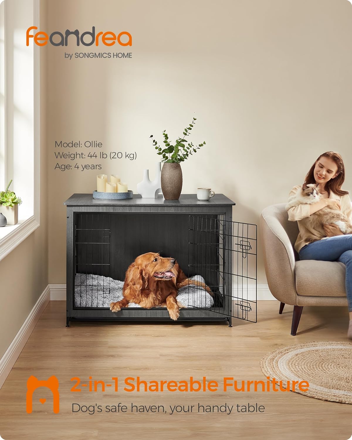 Feandrea Dog Crate Furniture, 44.1" Side End Table, Modern Kennel for Dogs Indoor up to 80 lb, Heavy-Duty Dog Cage with Multi-Purpose Removable Tray, Double-Door Dog House, Ink Black UPFC004B01