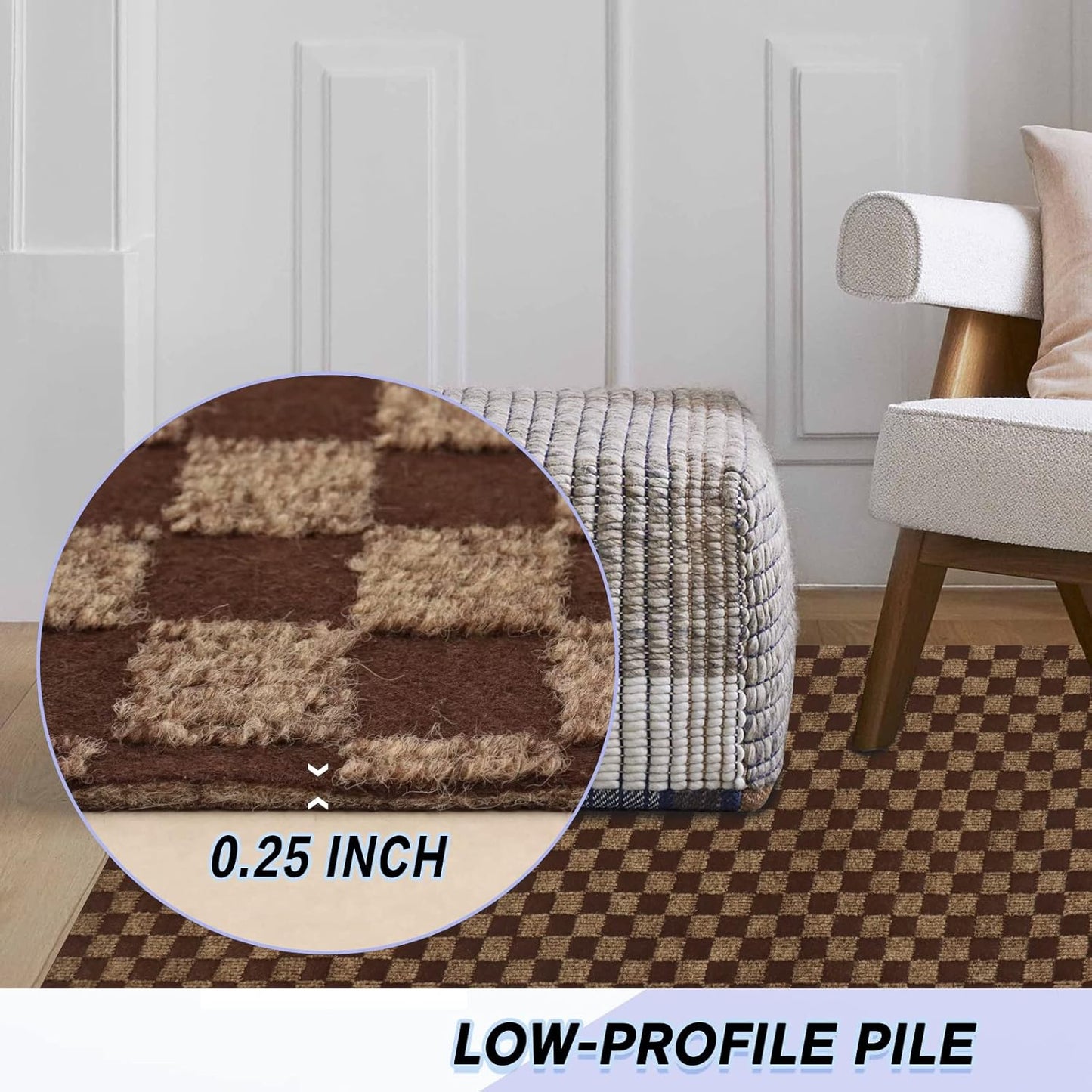 Custom Size Backed Non-Slip Area Rugs Runner, Easy Clean, Waterproof Runner Rugs for Hallway Entryway, Kitchen, Laundry, 2FT x 53FT, Brown Checkered