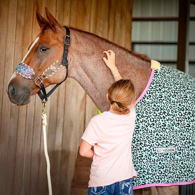 Jeffers Expression Fleece Cooler for Horses, Standard Neck, Party Cheetah 78"- Equine Towel Blanket, Moisture Absorbent, Light Weight, Best for Drying, Exercise, Bathing, Adjustable Belly Bands