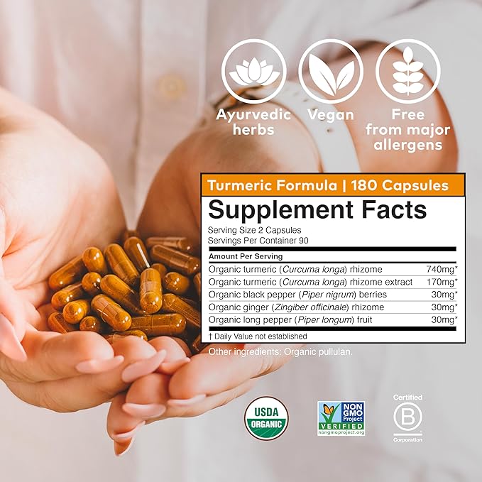 ORGANIC INDIA Turmeric Curcumin with Black Pepper - Organic Turmeric Supplement and Curcumin Supplement, Turmeric Capsules, Joint Support & Immune System Support, Whole Root, Trikatu - 180 Capsules