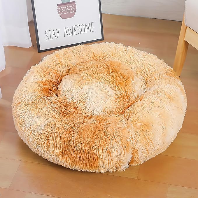 Calming Dog Bed for Small Dogs, Calming Donut Cuddler Pet Bed Anti Anxiety Round Dog Bed Fluffy Plush Faux Fur Cat Bed,Gradient Yellow,15.7IN