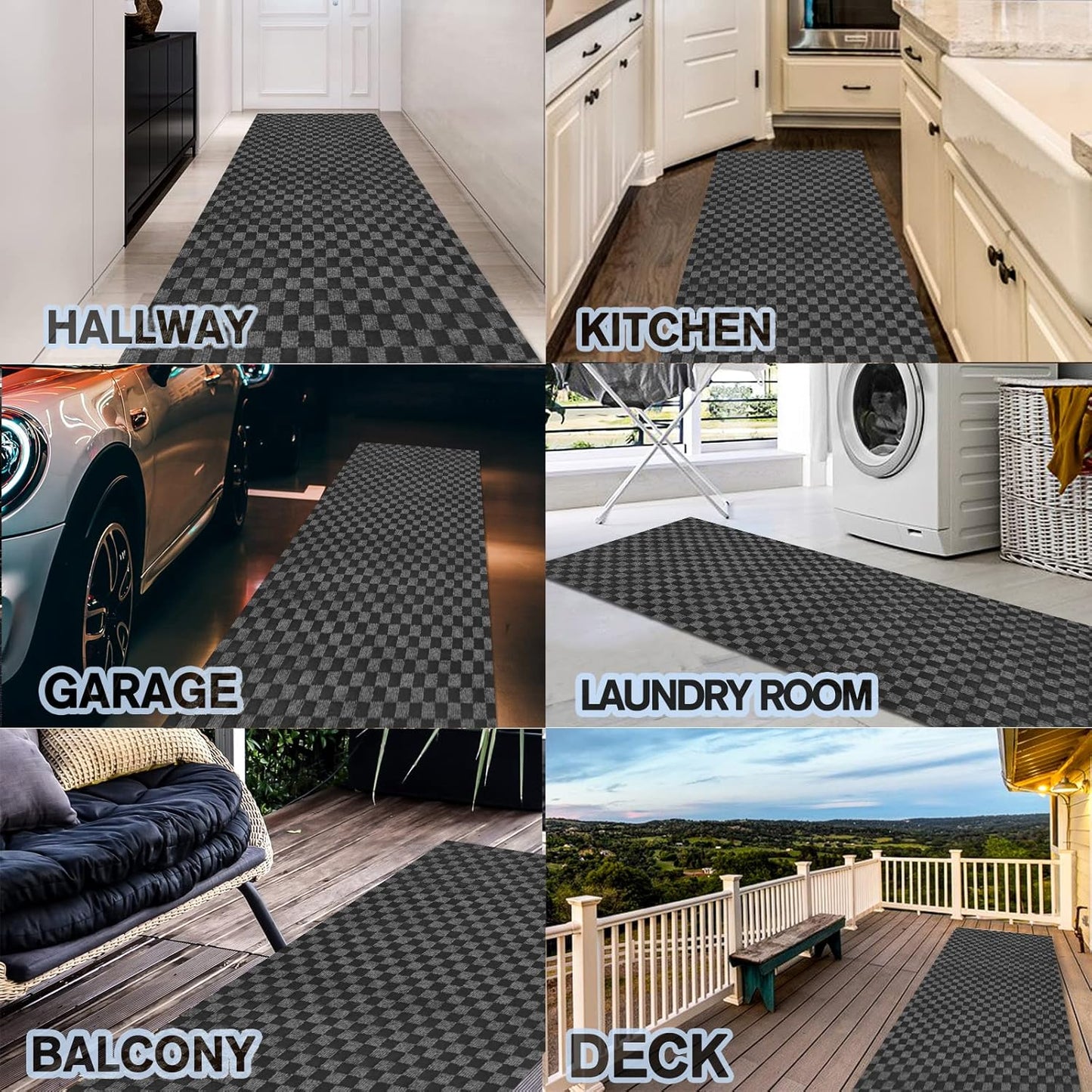 Custom Size Backed Non-Slip Area Rugs Runner, Easy Clean, Waterproof Runner Rugs for Hallway Entryway, Kitchen, Laundry, 4FT x 32FT, Gray Checkered