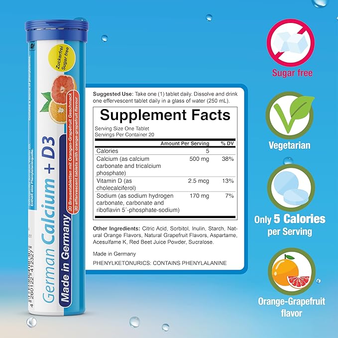 German Calcium + Vitamin D Drink Effervescent Tablets 140 Servings Orange-Grapefruit Flavour - 500 mg Calcium, 2,5 μg Vitamin D3 - T&D Pharma – Made in Germany