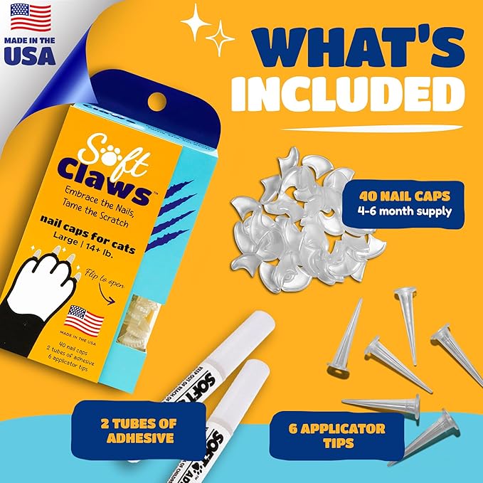 Soft Claws Cat Nail Caps for Large Cats – (40 Caps, Black) - Made in USA - Veterinarian-Developed | Protects Furniture & Skin - Easy to Apply, Long-Lasting Anti-Scratch Soft Cat Claw Covers.