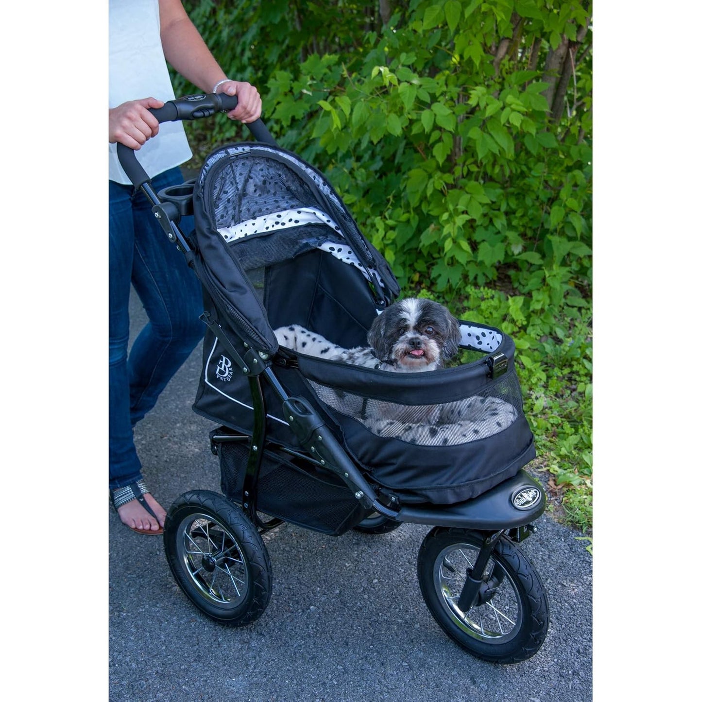 Pet Gear No-Zip NV Pet Stroller for Cats/Dogs, Zipperless Entry, Easy One-Hand Fold, Gel-Filled Tires, Plush Pad + Weather Cover Included, Black Spots