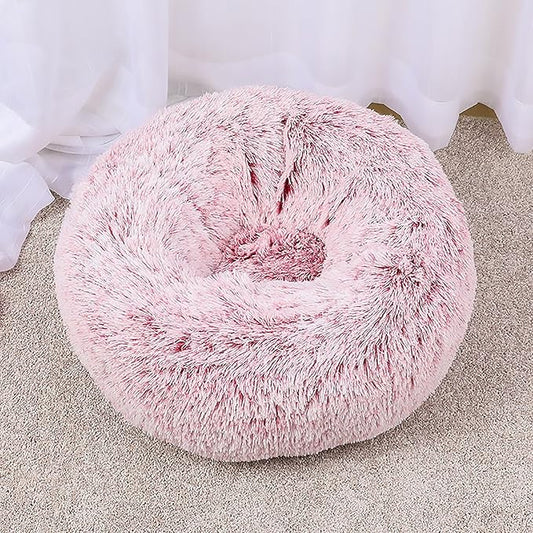 Calming Dog Bed for Small Dogs, Calming Donut Cuddler Pet Bed Anti Anxiety Round Dog Bed Fluffy Plush Faux Fur Cat Bed,Pink,35.5IN