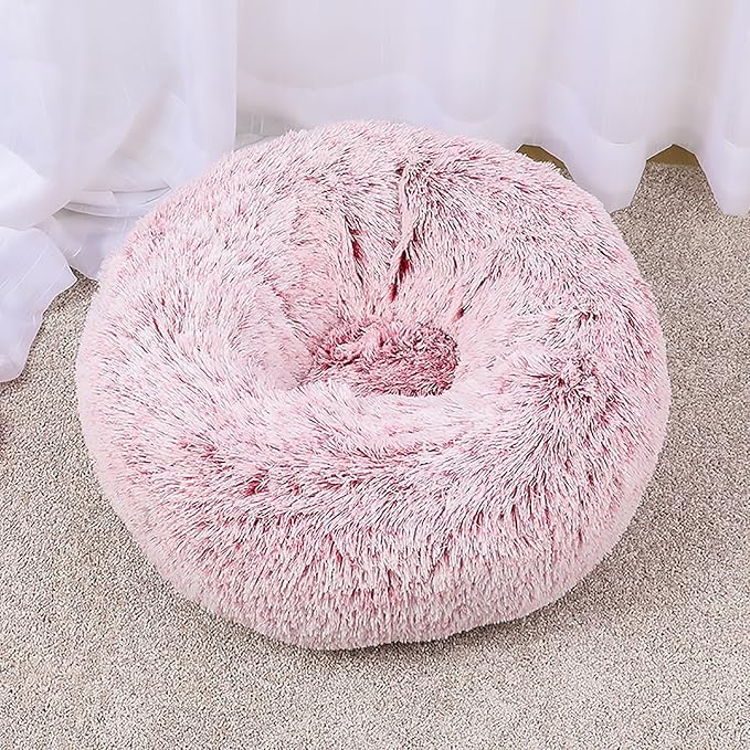 Calming Dog Bed for Small Dogs, Calming Donut Cuddler Pet Bed Anti Anxiety Round Dog Bed Fluffy Plush Faux Fur Cat Bed,Pink,27.5IN