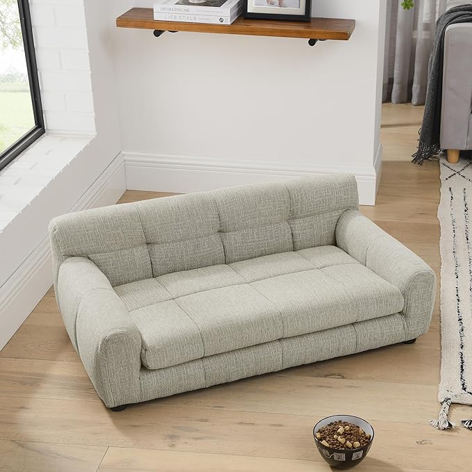 Soft and Comfortable Dog Couch Bed,Elevated Large Dog Sofa with Backrest and Armrestsmodern Rectangular pet Sofas,pet Furniture. Dry Cleanable Fabric Furniture for Medium and Large Dogs (Beige)