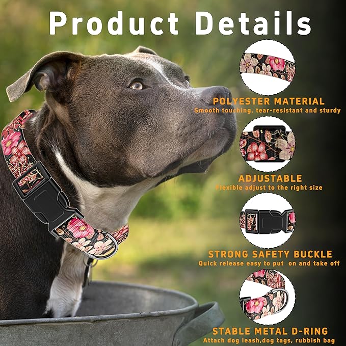 Dog Collar for Boys Girls, Floral Puppy Collar for Small Medium Large Dogs, Adjustable Soft Pet Collar With Safety Buckle for Male Females (Red Floral, M)