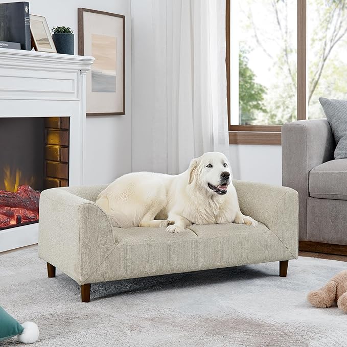 Elevated Dog Couch Bed for Medium Large Dogs, Modern Pet Sofa with Backrest & Armrest, Durable Dog Bed Sofa with Soft Cushion, Solid Wood Legs (Beige)