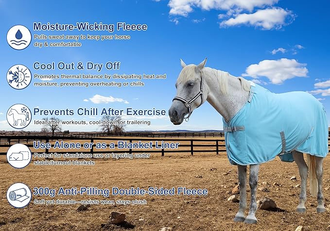 Horse Fleece Cooler, Blanket Liner - 300g Anti-Pilling Fleece, Moisture-Wicking, Cooling & Drying for Post-Workout, Bath & Travel, Prevent Overheating & Chilling Lightblue 69