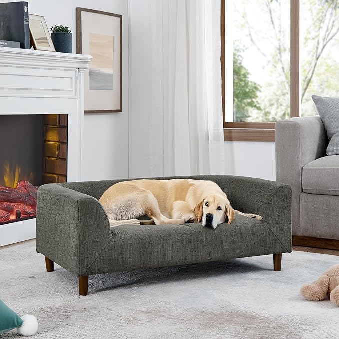 39x25 Inch Large Dog Sofa, Modern Jumbo Pet Couch Made Made by Linen with Armrest and Backrest - Indoor Elevated Dogs Chaise Bed for Doggy up to Medium and Large (Grey)