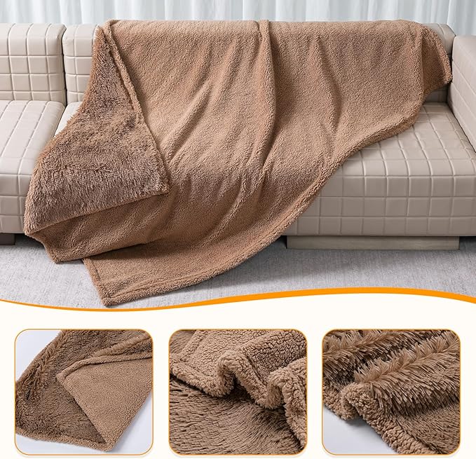Waterproof Calming Dog Bed Covers Pets Blanket for Large Dogs Cats Brown Fluffy Long Faux Fur Pet Blankets Reversible Couch Sofa Cover Washable Love Bed Mats(Brown,XL-85x57in)