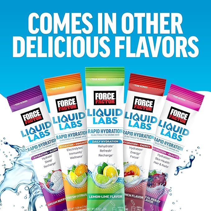 FORCE FACTOR Liquid Labs Energy Drink, Electrolytes Powder, Hydration Packets to Boost Energy & Focus, 5 Essential Electrolytes, Vitamins, Minerals, & Antioxidants, Fruit Punch Flavor, 20 Stick Packs