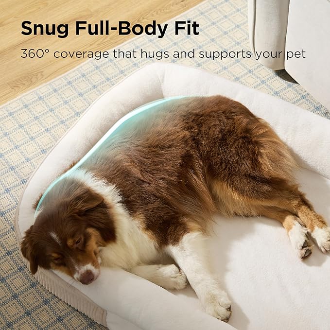 Bedsure Orthopedic Dog Beds Large Sized Dog - 360° Oval Bolster Large Dogs Bed for Senior Dogs with Waterproof Washable Cover, Big Comfort Pet Sofa Couch with Ultra-Soft Fleece, Beige, 35"