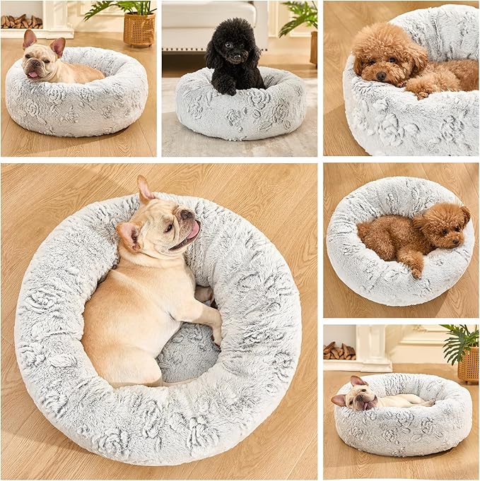 Dog Calming Beds for Small Medium Large Dogs - Round Donut Washable Puppy Dog Bed, Anti-Slip Faux Fur Fluffy Donut Cuddle Anxiety Cat Pet Bed (20" Rose)
