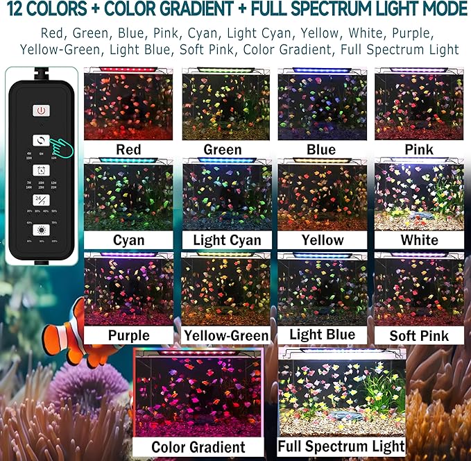 24/7 Mode LED Aquarium Light for 30-36 Inch Plant & Fish Tank, IP68 Full Spectrum Light, Sunrise-Daylight-Moonlight, White Red Green Blue Pink LEDs with Extendable Brackets for Freshwater