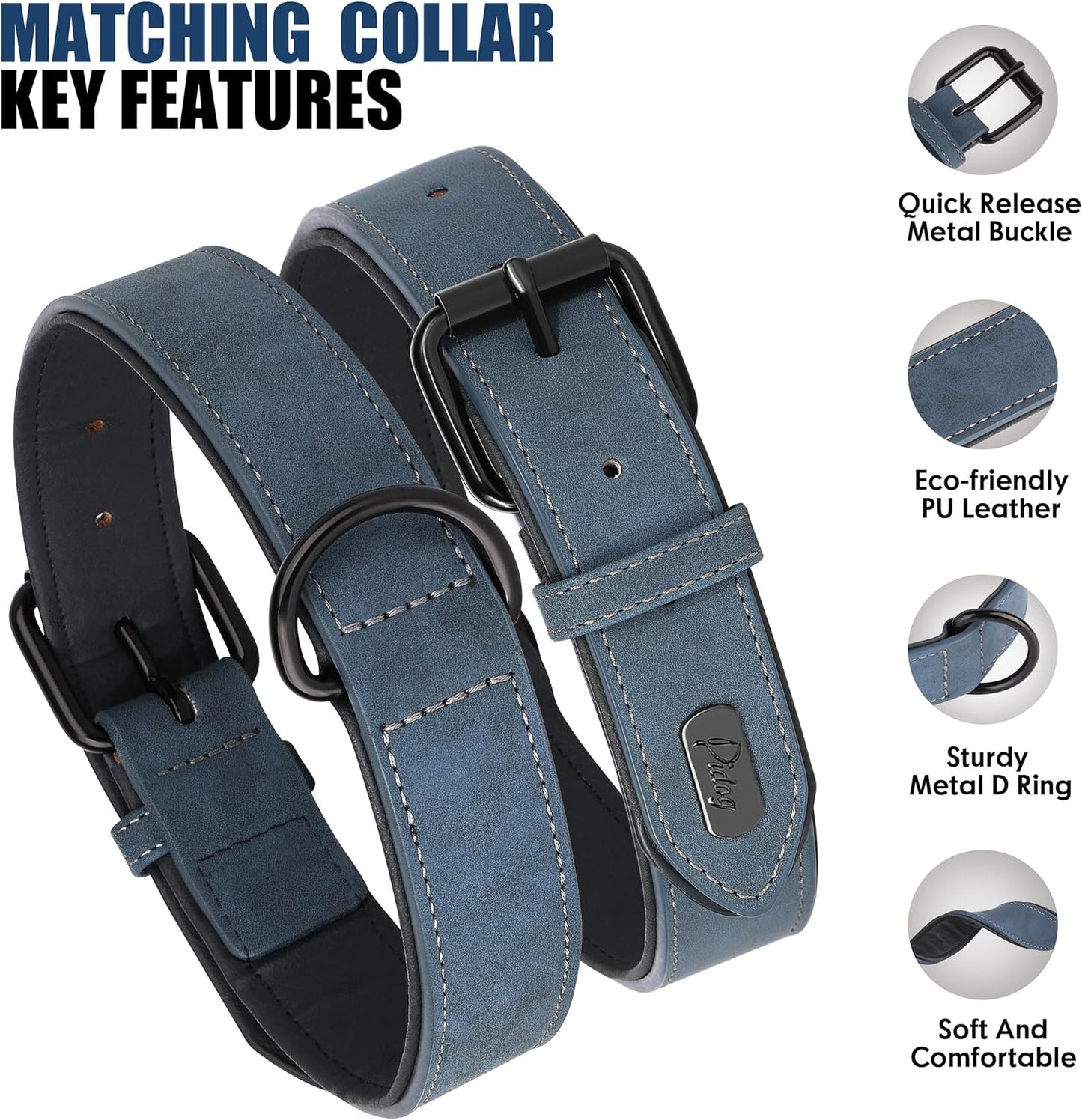 Didog Soft Padded Leather Dog Collar and Leash Set, Adjustable Dog Leash and Collar Set with Metal Buckle, Breathable Dog Collars with 4FT PU Leather Dog Leash for Small Medium Dogs, Blue, M
