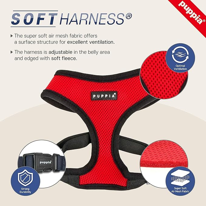 Puppia Soft Dog Harness No Choke Over-The-Head Triple Layered Breathable Mesh Adjustable Chest Belt and Quick-Release Buckle, Red, X-Large