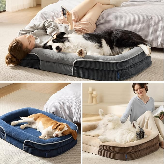 Bedsure L Plus Orthopedic Dog Beds Large Sized Dog - 360° Oval Bolster Large Dogs Bed for Senior Dogs with Waterproof Washable Cover, Big Comfort Pet Sofa Couch with Ultra-Soft Fleece, Navy Blue, 38"