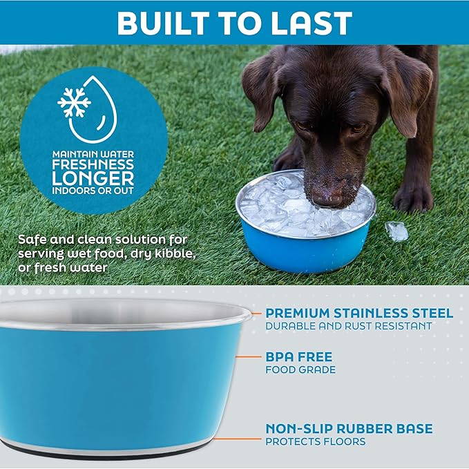 Master Pet Supply Stainless Steel Dog Bowls Set of 2 (64 Oz Each) with Non-Slip Rubber Base - Graphite - Basic Dog Food Bowl Water & Food Bowls for Small Medium Large Dogs & Cats, Metal Dish