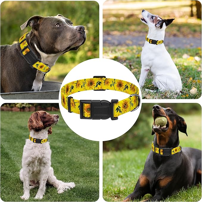 Dog Collar, Floral Boys Girls Puppy Collar, Adjustable Soft Pet Collar with Safety Buckle for Small Medium Large Dogs (Yellow Sunflower, XS)