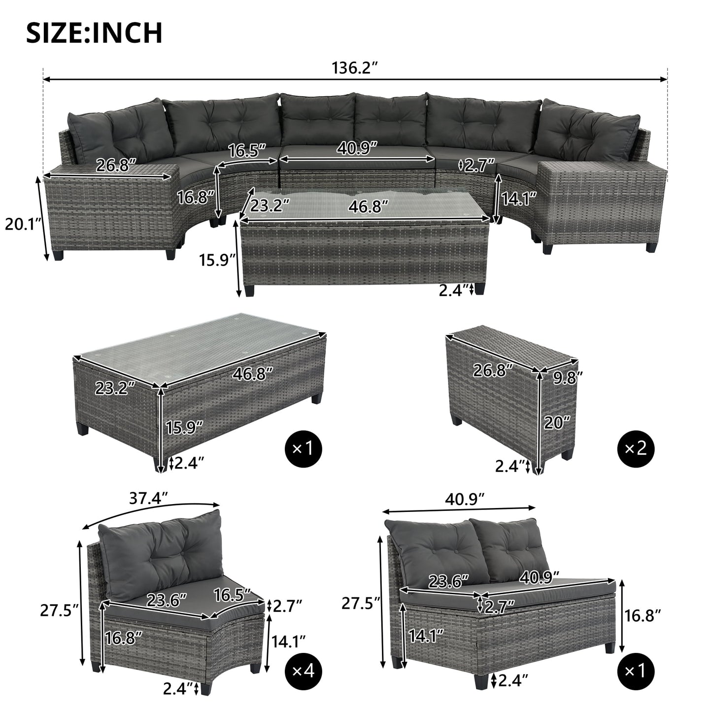 StyleSack 8-Piece Half Moon Curved Round Outdoor Sectional Sofa Patio Furniture Set with Glass Coffee Table