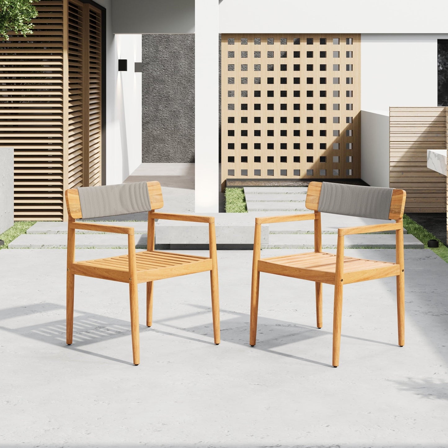 Christopher Knight Home Coastal Wood Outdoor Dining Chair with Rope Weave Backrest, Grey, Set of 2