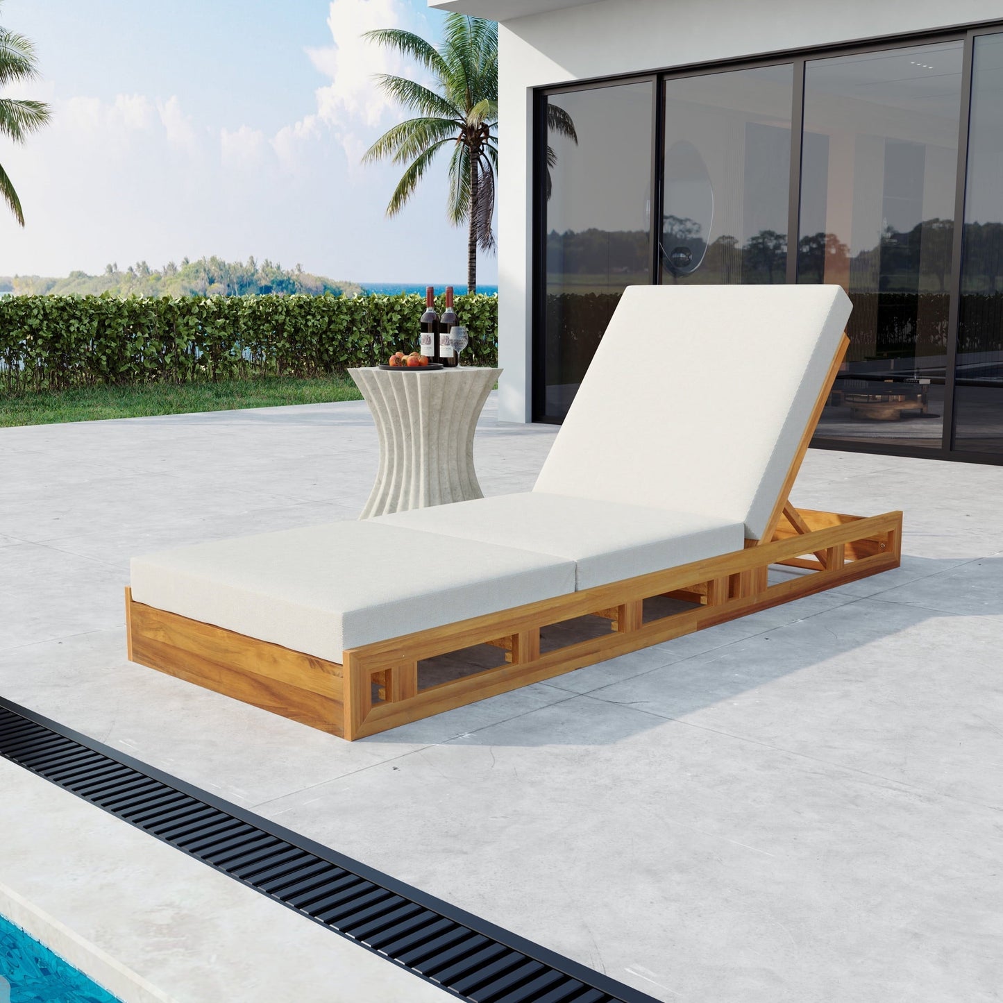 Christopher Knight Home Outdoor Wood Chaise Lounge with Adjustable Backrest, Tri-folding Cushion, Cream