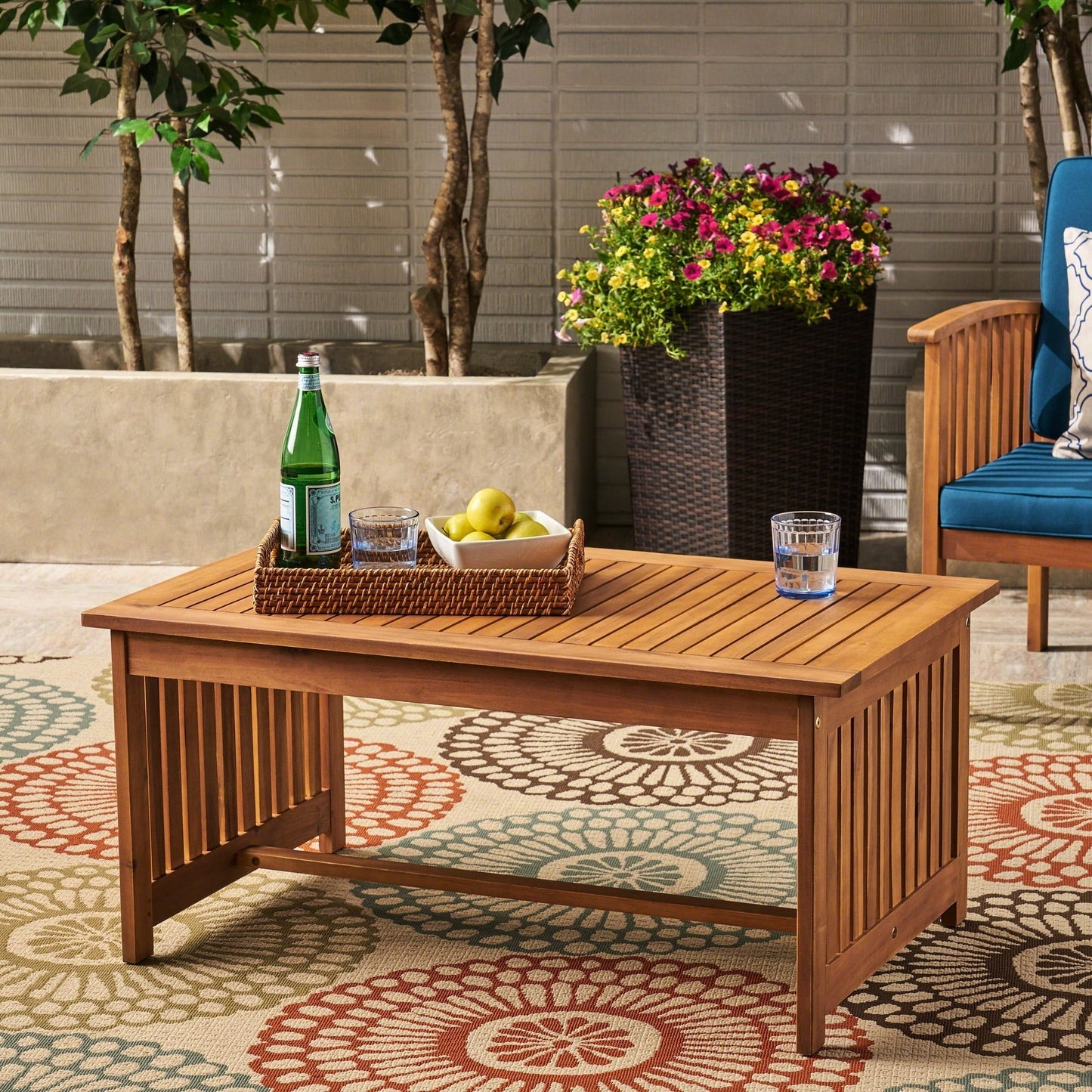 Wood Outdoor Coffee Table With Brown Patina, 40 Inches Deep X 24.23 Wide 17.7 High Use Patina Antique Bronze Details, 40" D 24" W 17.7" H
